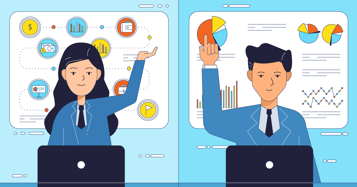 Two suit-wearing figures point to financial symbols and graphs