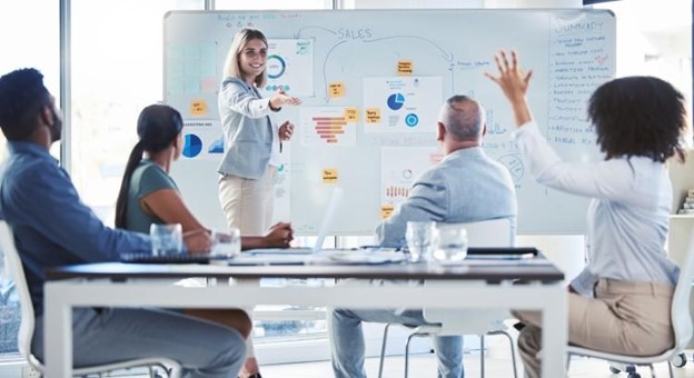 Organizational leader stand in front of of a white board meeting. 