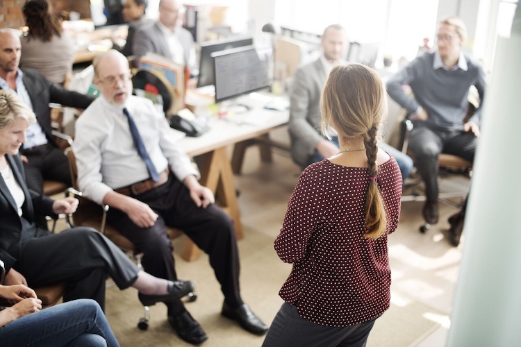 A woman leads a meeting of professionals.